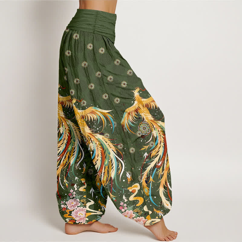 Buddha Stones コットンゴールドフェニックス柄レディースゴムウエストハーレムパンツ - image 10