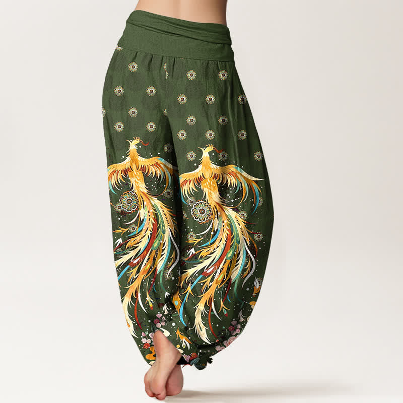 Buddha Stones コットンゴールドフェニックス柄レディースゴムウエストハーレムパンツ - image 9
