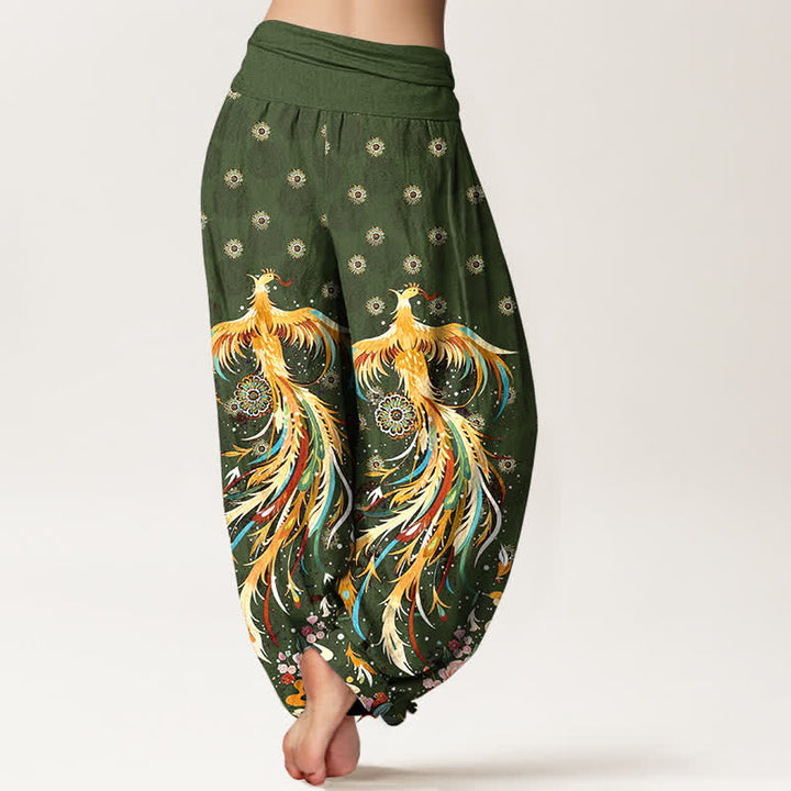 Buddha Stones コットンゴールドフェニックス柄レディースゴムウエストハーレムパンツ - image 9