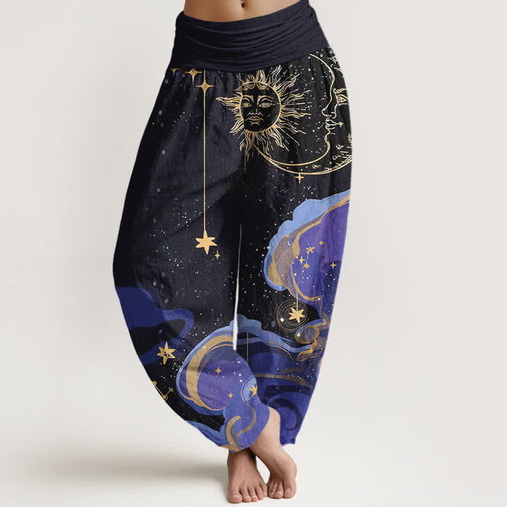 Buddha Stones コットン素材、太陽・月・星の波模様柄、ウエストゴム入りレディースハーレムパンツ - 黒 - US16、 UK/AU20、 EU48 (3XL) - image 0