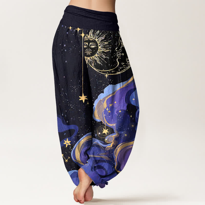 Buddha Stones コットン素材、太陽・月・星の波模様柄、ウエストゴム入りレディースハーレムパンツ - image 1