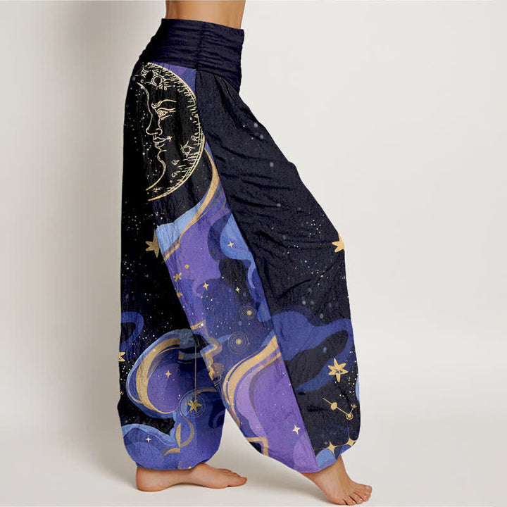 Buddha Stones コットン素材、太陽・月・星の波模様柄、ウエストゴム入りレディースハーレムパンツ - image 2