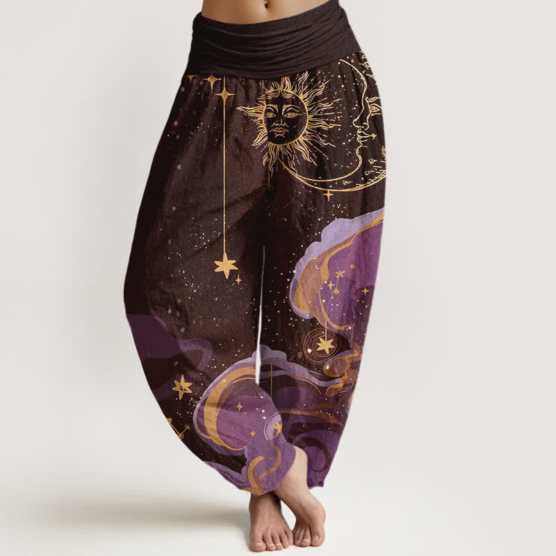 Buddha Stones コットン素材、太陽・月・星の波模様柄、ウエストゴム入りレディースハーレムパンツ - サドルブラウン - US16、 UK/AU20、 EU48 (3XL) - image 5
