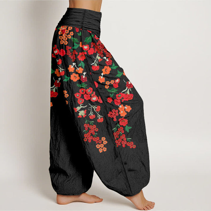 Buddha Stones コットン素材、ボヘミアン風、赤、花柄、ウエストゴム入り、レディースハーレムパンツ - image 2