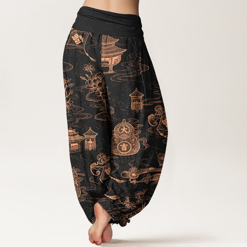 Buddha Stones コットン製蓮の葉とひょうたん柄のレディース用ゴムウエストハーレムパンツ - image 1