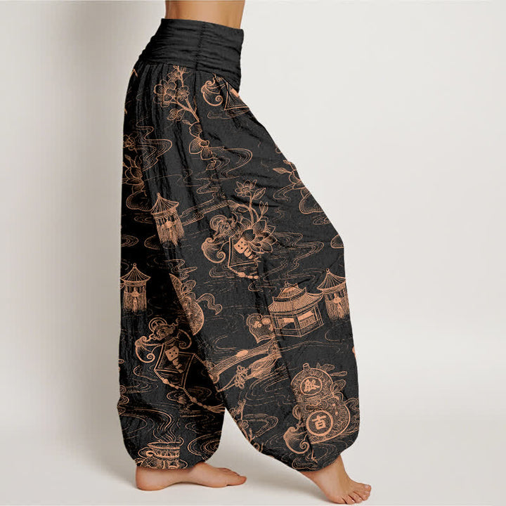 Buddha Stones コットン製蓮の葉とひょうたん柄のレディース用ゴムウエストハーレムパンツ - image 2