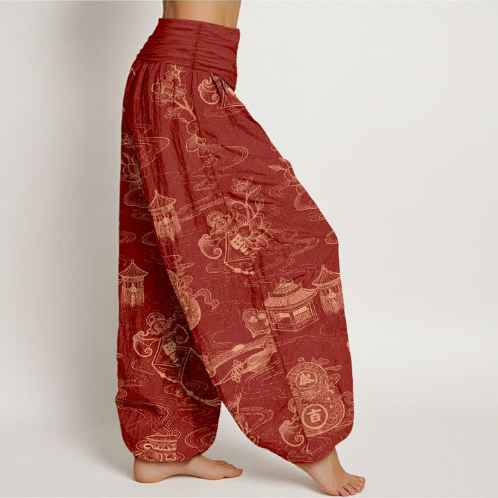 Buddha Stones コットン製蓮の葉とひょうたん柄のレディース用ゴムウエストハーレムパンツ - image 10
