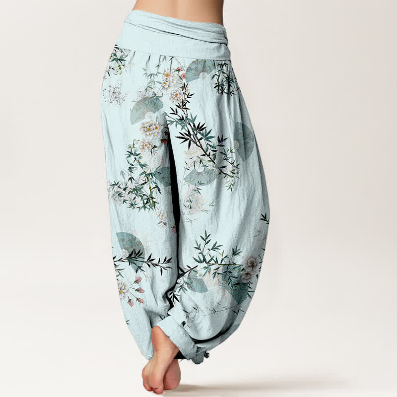 Buddha Stones 綿素材の竹の花柄扇子模様のレディースゴムウエストハーレムパンツ - image 1