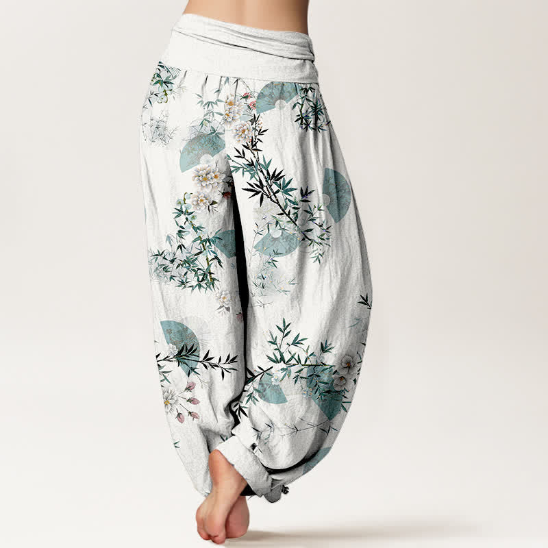 Buddha Stones 綿素材の竹の花柄扇子模様のレディースゴムウエストハーレムパンツ - image 6
