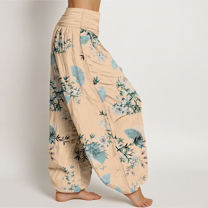 Buddha Stones 綿素材の竹の花柄扇子模様のレディースゴムウエストハーレムパンツ - image 10