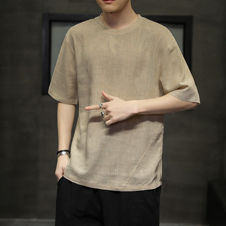 Buddha Stones 夏物カジュアルミニマリスト無地クルーネックリネンメンズ半袖Tシャツ - image 3