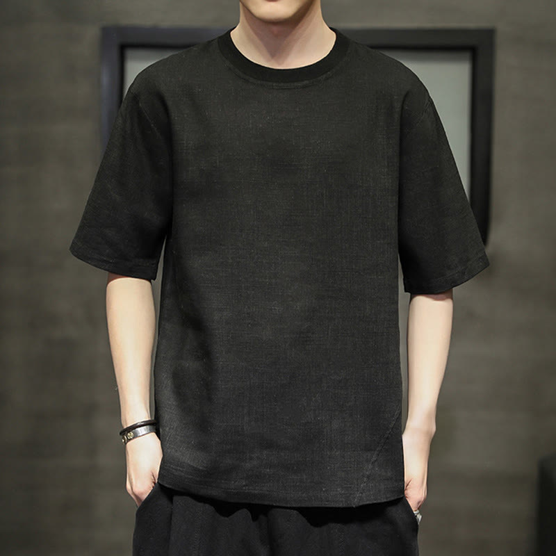 Buddha Stones 夏物カジュアルミニマリスト無地クルーネックリネンメンズ半袖Tシャツ - 黒 - US/UK/AU48, EU58 （5XL） - image 6