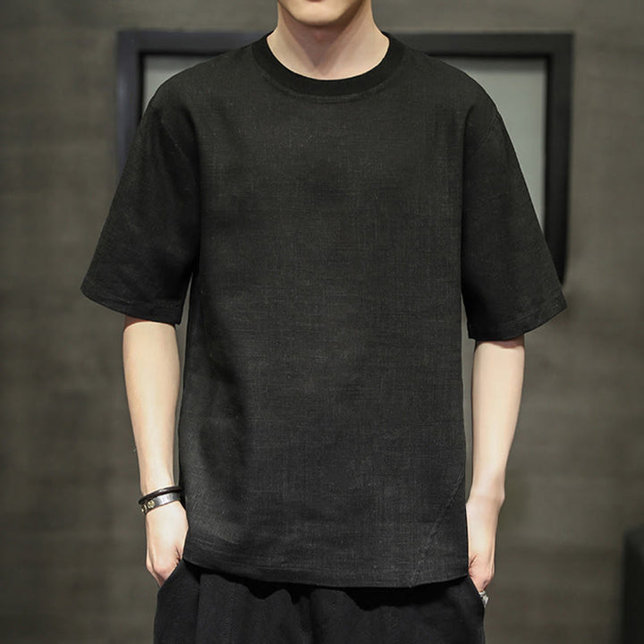 Buddha Stones 夏物カジュアルミニマリスト無地クルーネックリネンメンズ半袖Tシャツ - 黒 - US/UK/AU48, EU58 （5XL） - image 6