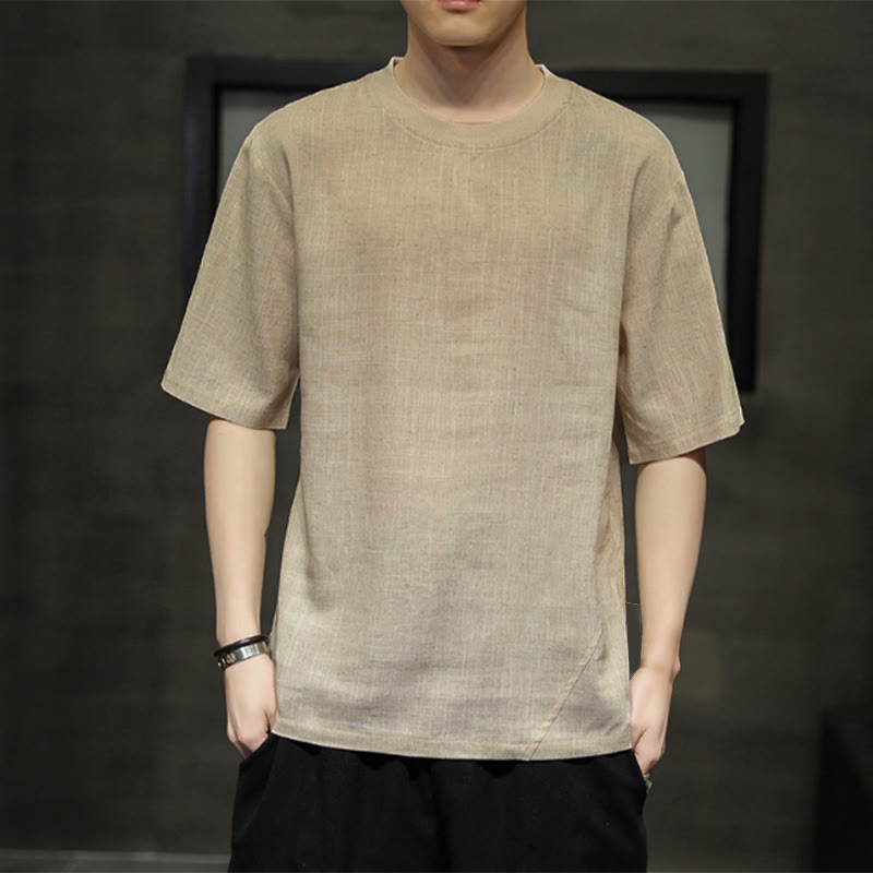 Buddha Stones 夏物カジュアルミニマリスト無地クルーネックリネンメンズ半袖Tシャツ - タン - US/UK/AU48, EU58 （5XL） - image 0