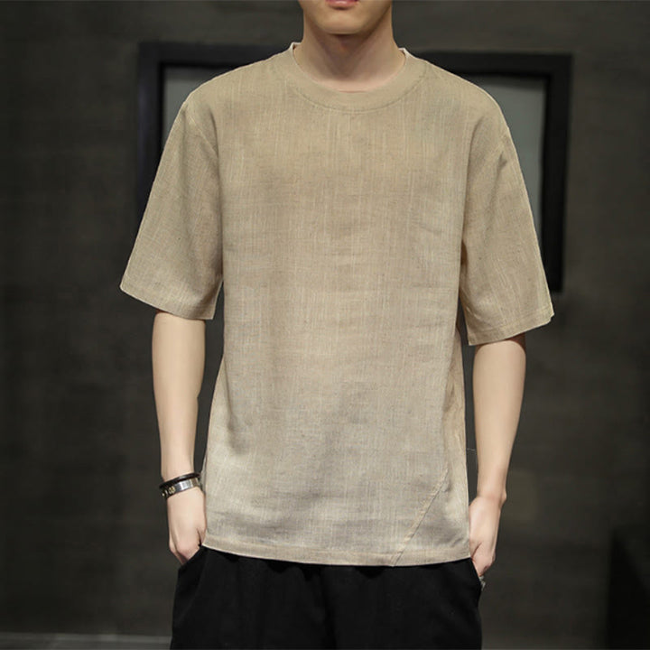 Buddha Stones 夏物カジュアルミニマリスト無地クルーネックリネンメンズ半袖Tシャツ - タン - US/UK/AU48, EU58 （5XL） - image 0