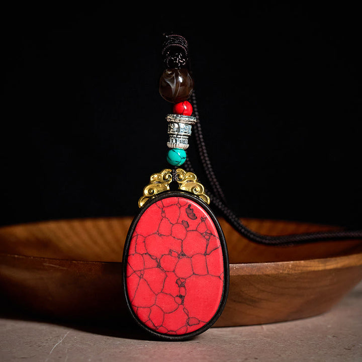 Buddha Stones 黒檀の知恵を込めた手作りの部族風オーバルネックレス - 赤 - 黒檀（バランス♥穏やかさ） - image 1