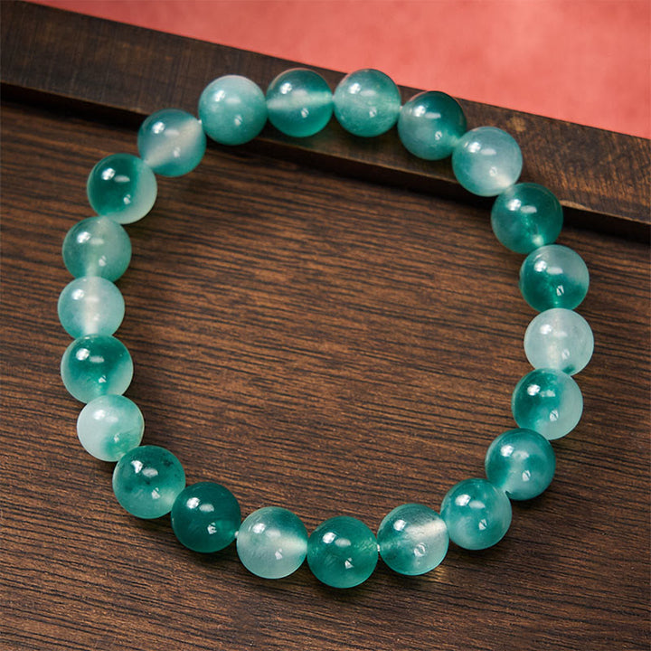 Buddha Stones ホワイトカルセドニーの感情バランス ブルーフローラル ラウンドビーズブレスレット - image 2
