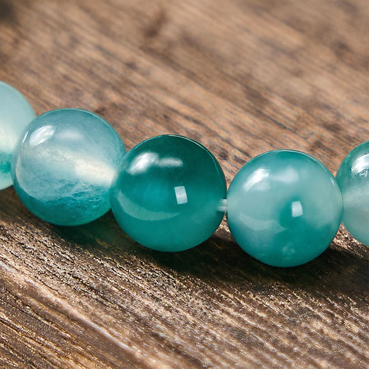 Buddha Stones ホワイトカルセドニーの感情バランス ブルーフローラル ラウンドビーズブレスレット - image 3