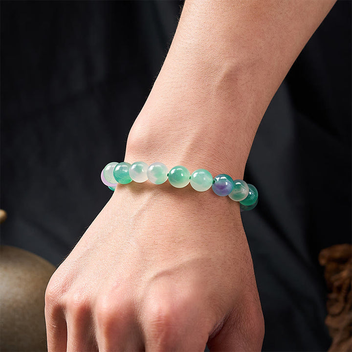 Buddha Stones ホワイトカルセドニーの感情バランス ブルーフローラル ラウンドビーズブレスレット - image 10