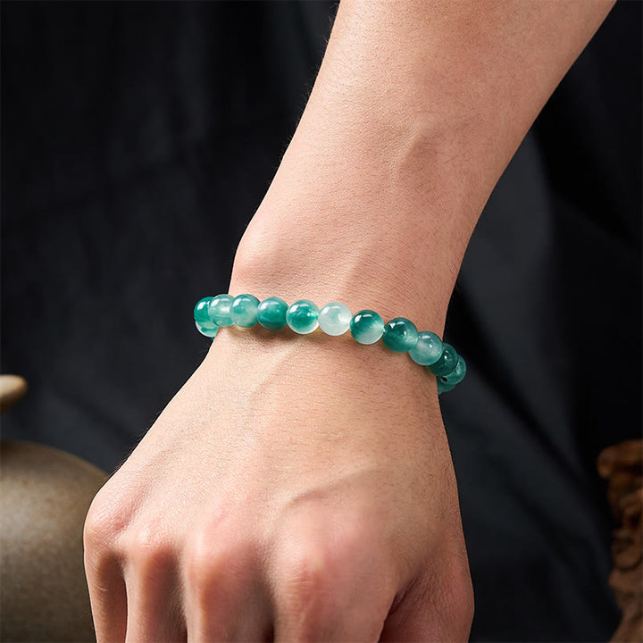 Buddha Stones ホワイトカルセドニーの感情バランス ブルーフローラル ラウンドビーズブレスレット - image 4