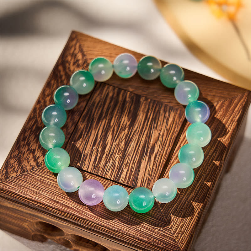 Buddha Stones ホワイトカルセドニーの感情バランス ブルーフローラル ラウンドビーズブレスレット - image 7