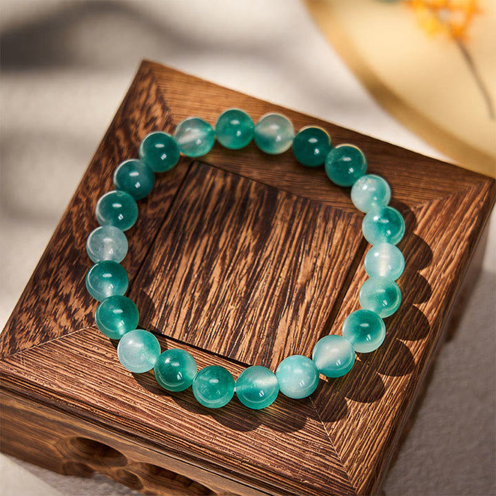 Buddha Stones ホワイトカルセドニーの感情バランス ブルーフローラル ラウンドビーズブレスレット - image 1