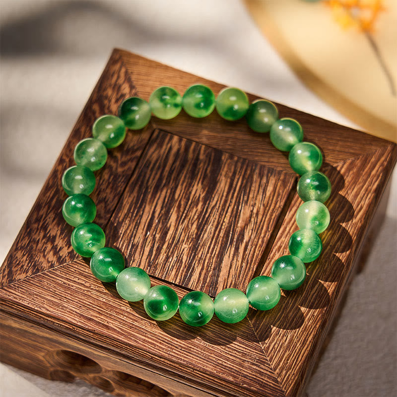 Buddha Stones ホワイトカルセドニーヒーリンググリーンフローティングフラワーラウンドビーズブレスレット - image 1