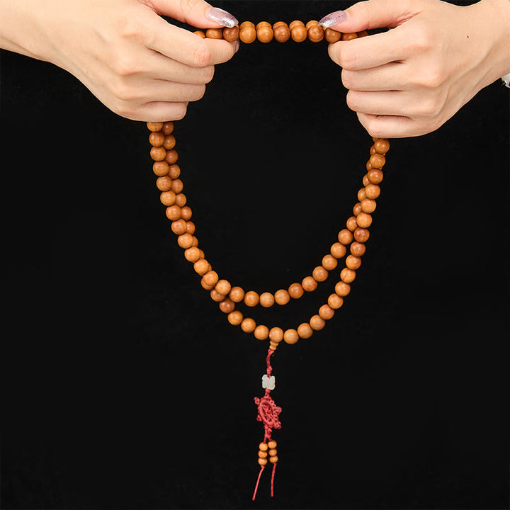 Buddha Stones 赤い白檀の良縁祈願瞑想用結び目付き丸玉マーラー数珠 - image 13
