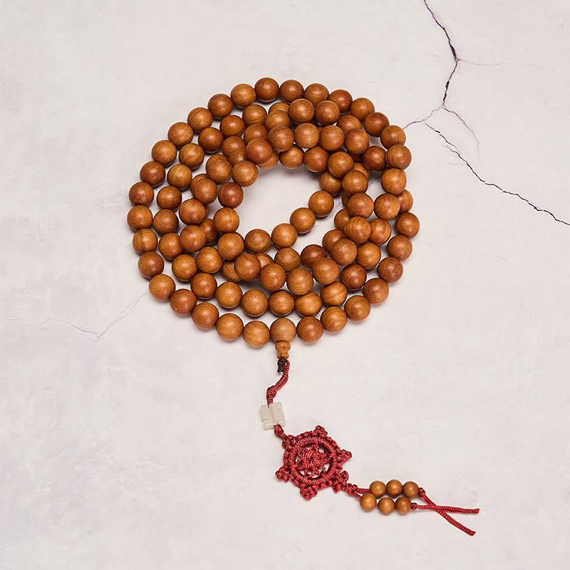 Buddha Stones 赤い白檀の良縁祈願瞑想用結び目付き丸玉マーラー数珠 - image 3