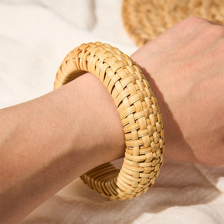 Buddha Stones 手織りラタン製グラウンディング ボヘミアンビーチ ワイドブレスレット バングル - image 5