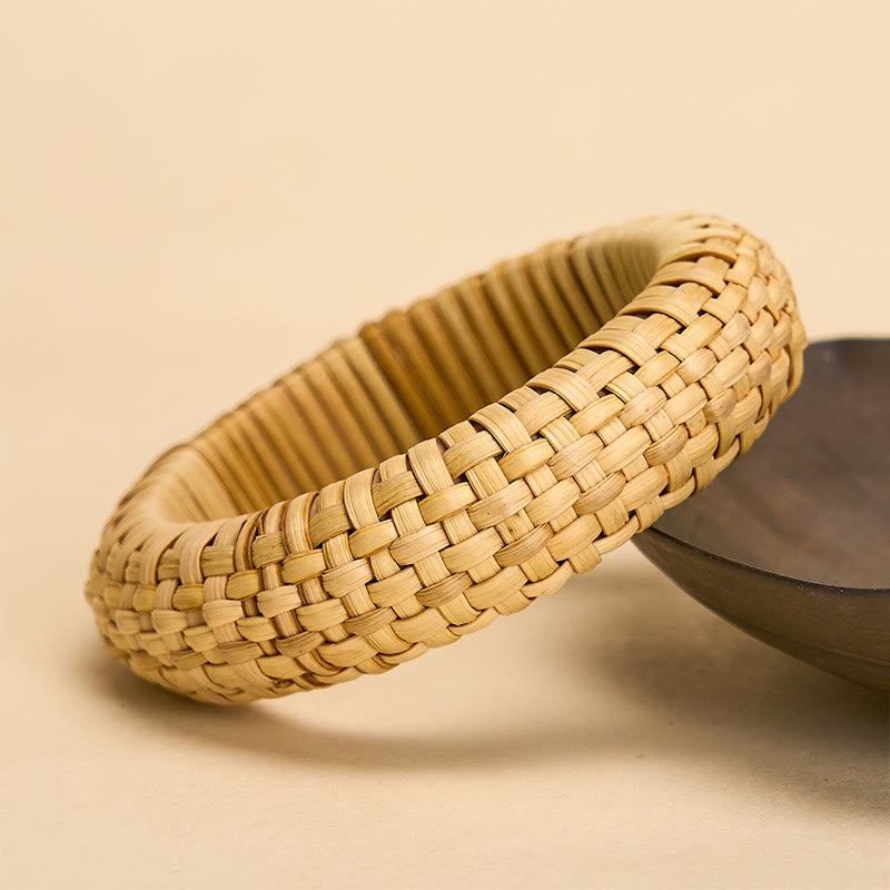 Buddha Stones 手織りラタン製グラウンディング ボヘミアンビーチ ワイドブレスレット バングル - image 1