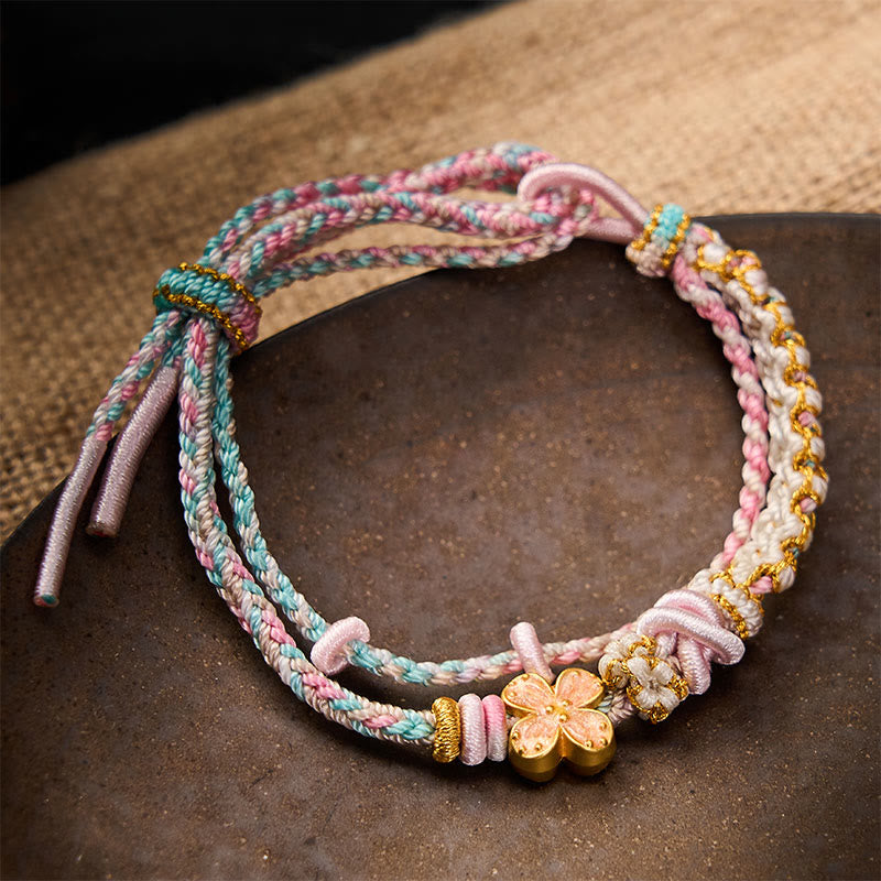 Buddha Stones 手織りの桃の花モチーフの結び目が特徴的な二重構造ブレスレット - ピンク - ピンクの花のアクセサリー付き - image 8