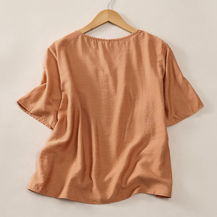 Buddha Stones 夏物カジュアルミニマリストVネック無地装飾ボタン付きレディース半袖Tシャツ - image 1