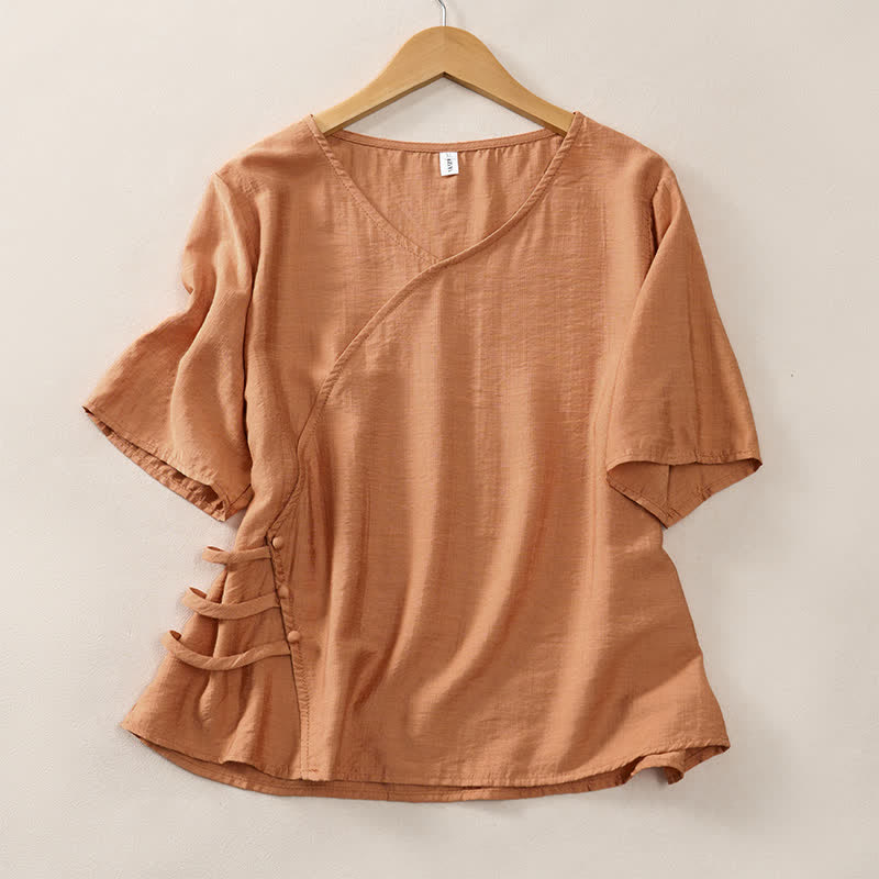 Buddha Stones 夏物カジュアルミニマリストVネック無地装飾ボタン付きレディース半袖Tシャツ - ペルー - US8-10, UK/AU12-14, EU40-42 （2XL） - image 0