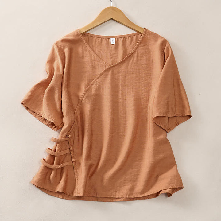 Buddha Stones 夏物カジュアルミニマリストVネック無地装飾ボタン付きレディース半袖Tシャツ - ペルー - US8-10, UK/AU12-14, EU40-42 （2XL） - image 0