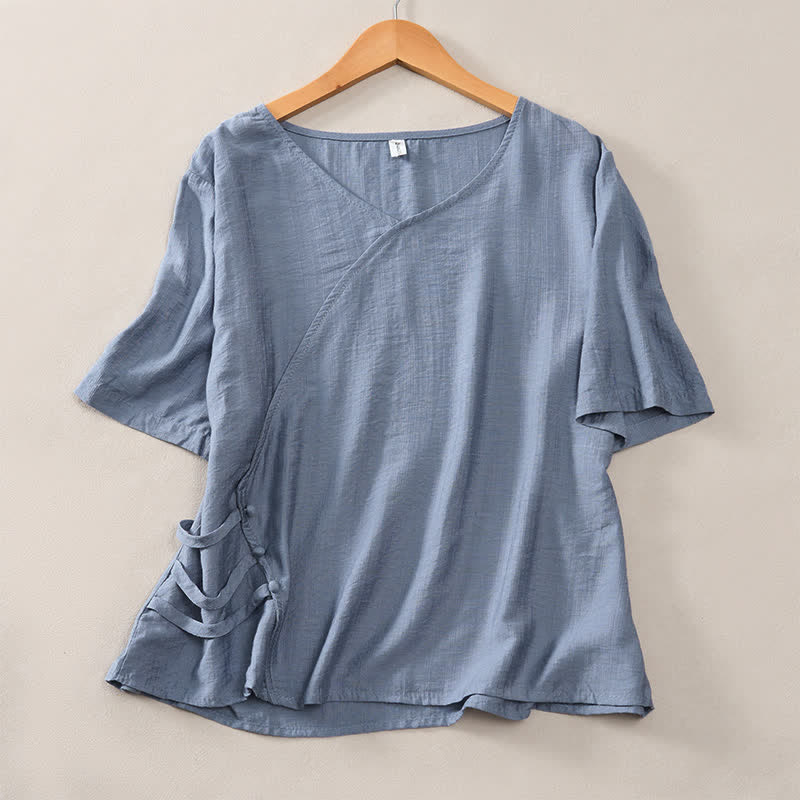 Buddha Stones 夏物カジュアルミニマリストVネック無地装飾ボタン付きレディース半袖Tシャツ - ライトスチールブルー - US8-10, UK/AU12-14, EU40-42 （2XL） - image 6