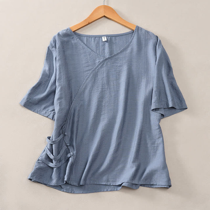 Buddha Stones 夏物カジュアルミニマリストVネック無地装飾ボタン付きレディース半袖Tシャツ - ライトスチールブルー - US8-10, UK/AU12-14, EU40-42 （2XL） - image 6