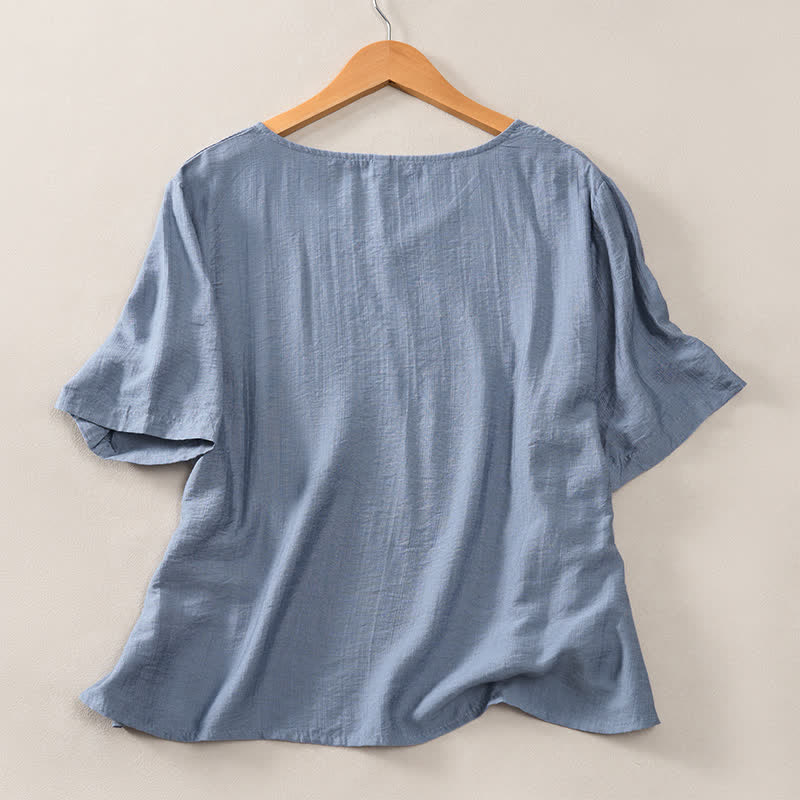 Buddha Stones 夏物カジュアルミニマリストVネック無地装飾ボタン付きレディース半袖Tシャツ - image 7