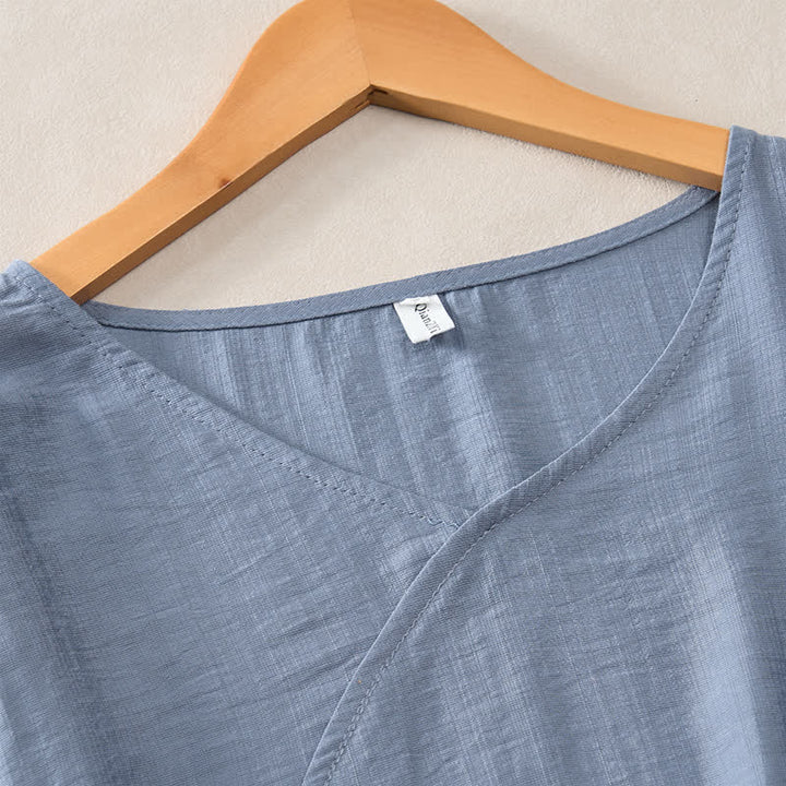 Buddha Stones 夏物カジュアルミニマリストVネック無地装飾ボタン付きレディース半袖Tシャツ - image 8
