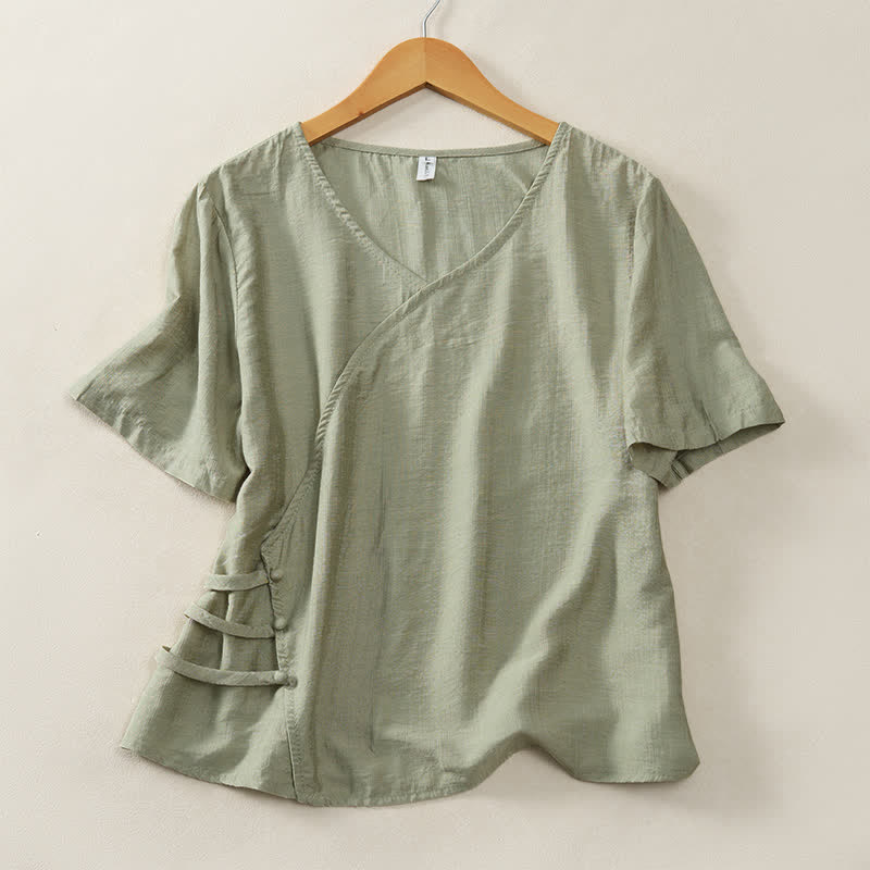 Buddha Stones 夏物カジュアルミニマリストVネック無地装飾ボタン付きレディース半袖Tシャツ - ダークシーグリーン - US8-10, UK/AU12-14, EU40-42 （2XL） - image 12