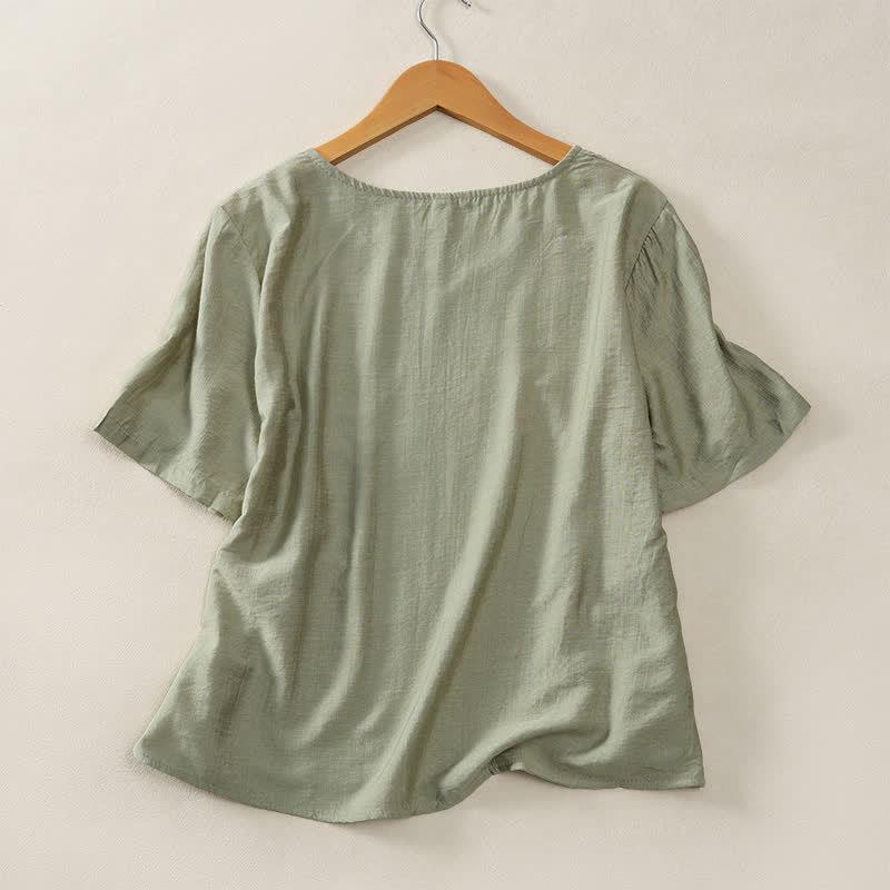 Buddha Stones 夏物カジュアルミニマリストVネック無地装飾ボタン付きレディース半袖Tシャツ - image 13