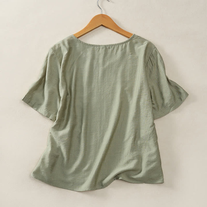 Buddha Stones 夏物カジュアルミニマリストVネック無地装飾ボタン付きレディース半袖Tシャツ - image 13