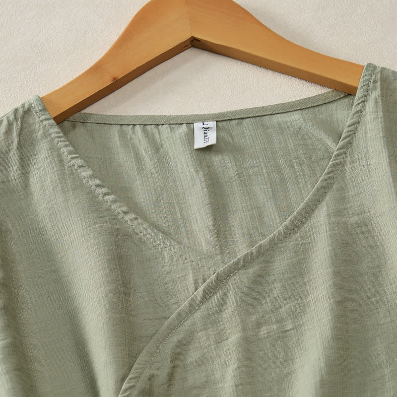 Buddha Stones 夏物カジュアルミニマリストVネック無地装飾ボタン付きレディース半袖Tシャツ - image 14