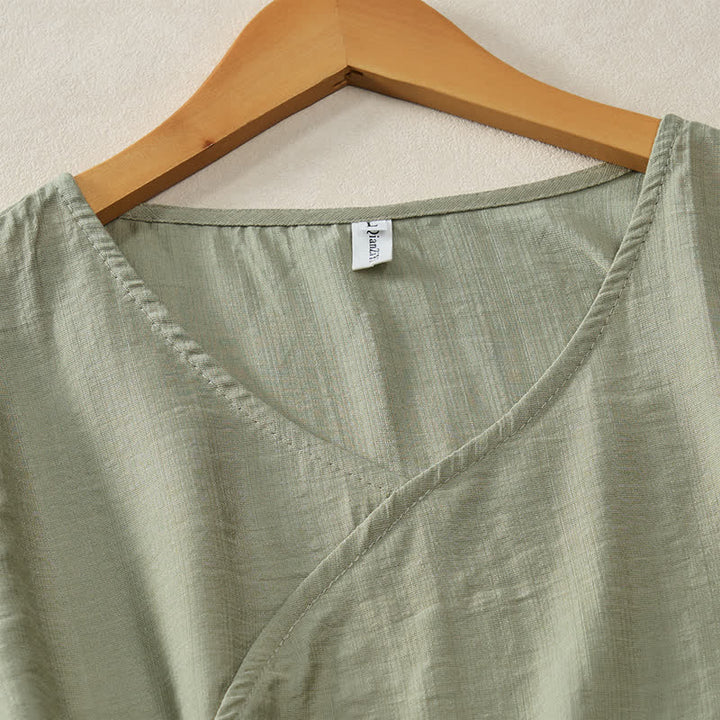 Buddha Stones 夏物カジュアルミニマリストVネック無地装飾ボタン付きレディース半袖Tシャツ - image 14
