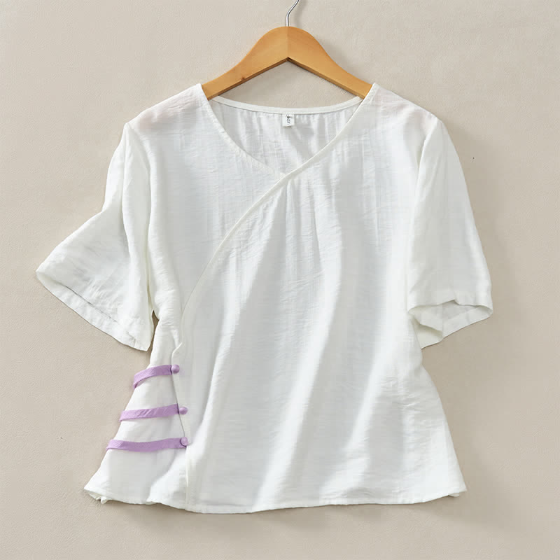 Buddha Stones 夏物カジュアルミニマリストVネック無地装飾ボタン付きレディース半袖Tシャツ - 白 - US8-10, UK/AU12-14, EU40-42 （2XL） - image 18