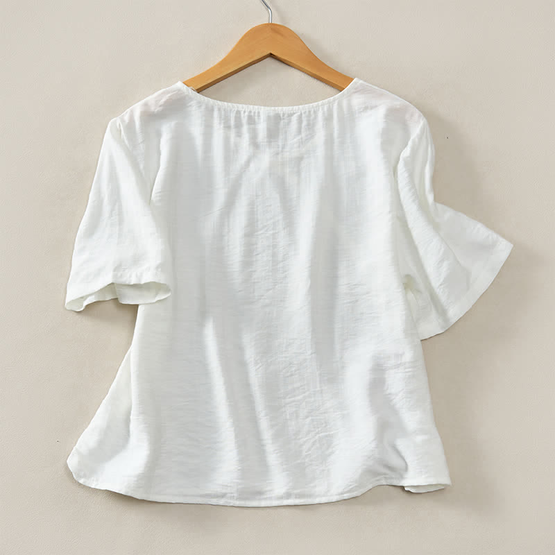 Buddha Stones 夏物カジュアルミニマリストVネック無地装飾ボタン付きレディース半袖Tシャツ - image 19