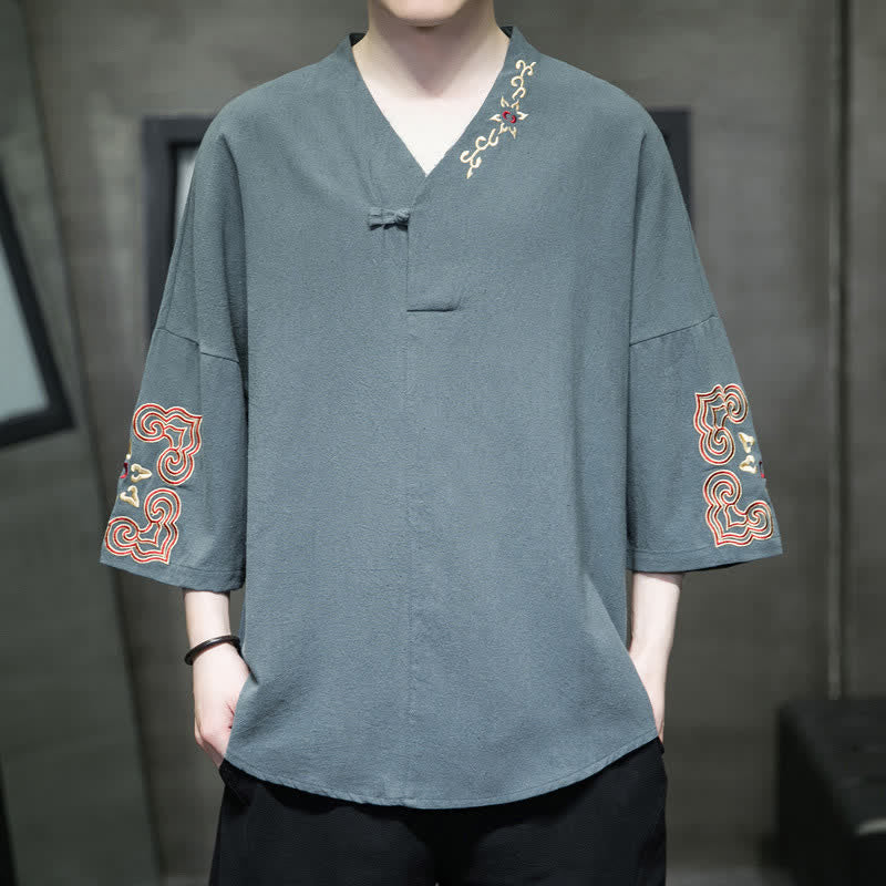 Buddha Stones 夏物唐風刺繍入りVネック花柄半袖シャツ（ボタン1つ） - カデットブルー - US/UK/AU46、 EU56 (5XL) - image 0