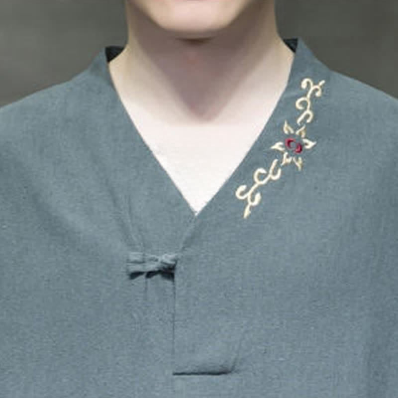Buddha Stones 夏物唐風刺繍入りVネック花柄半袖シャツ（ボタン1つ） - image 4