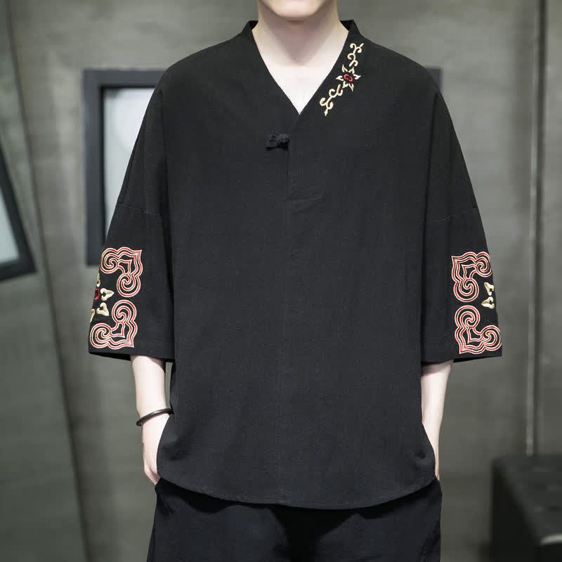 Buddha Stones 夏物唐風刺繍入りVネック花柄半袖シャツ（ボタン1つ） - 黒 - US/UK/AU46、 EU56 (5XL) - image 6