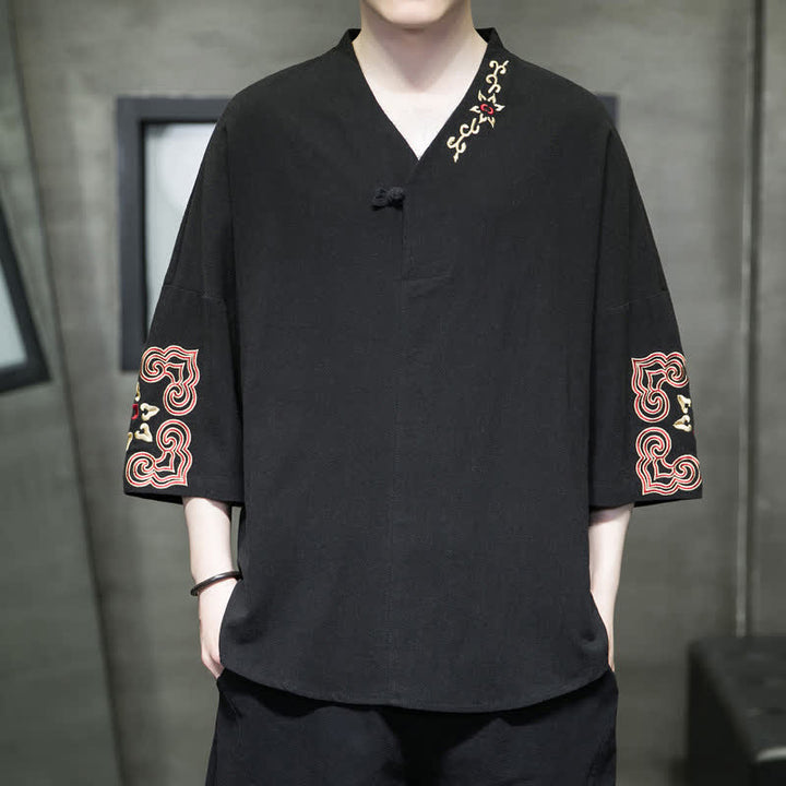 Buddha Stones 夏物唐風刺繍入りVネック花柄半袖シャツ（ボタン1つ） - 黒 - US/UK/AU46、 EU56 (5XL) - image 6